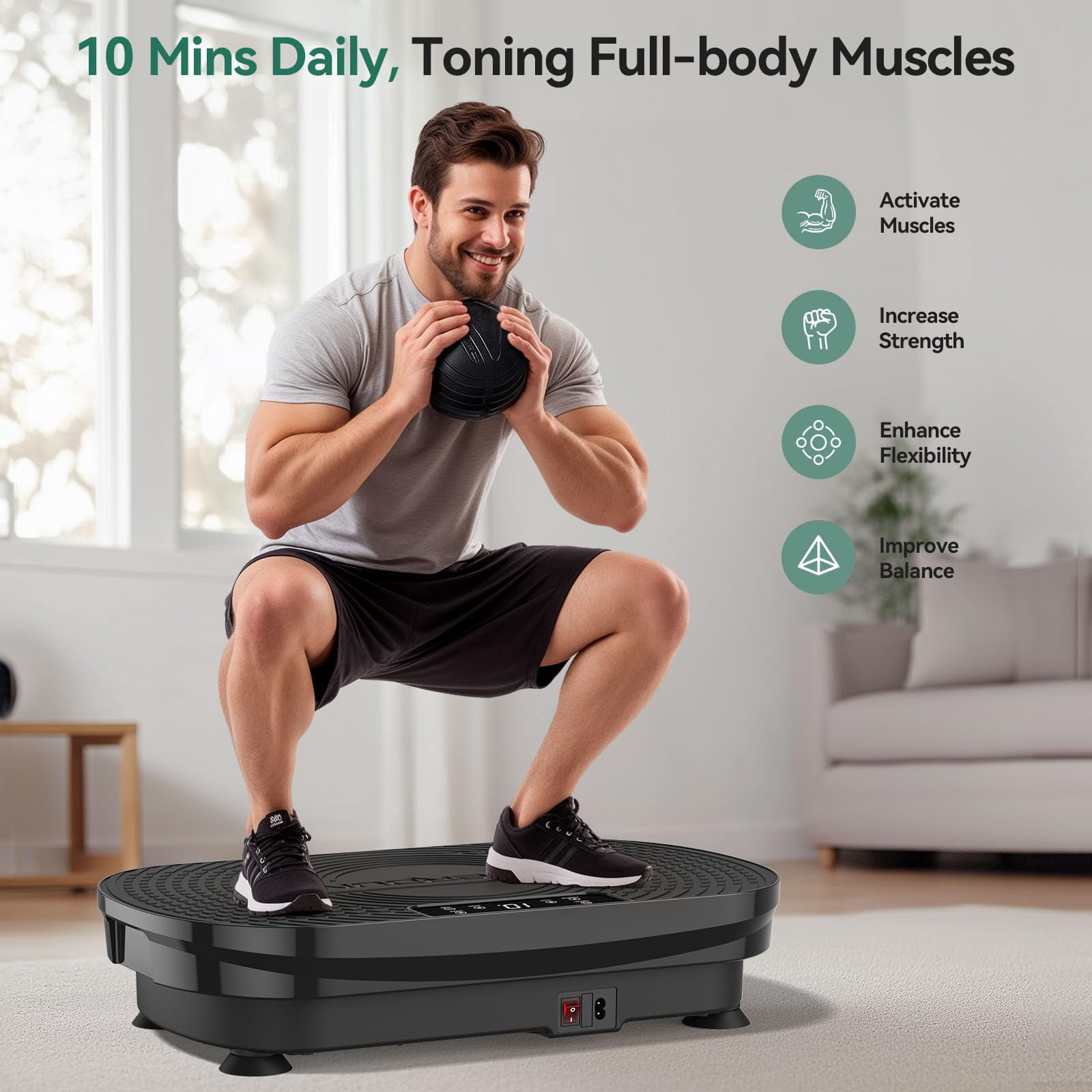 UPGO Vibration Plate Exercise Machine, Lymphatic Drainage Machine, Whole Body Workout Vibration Platform w/ 2 Resistance Bands for Weight Loss, Toning & Wellness-Black