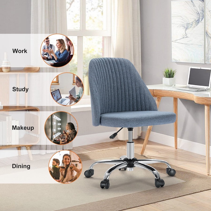 Colorful Linen Desk Chair, Comfy Thick Seat with Swivel Wheels, Armless Task Chair, Blue