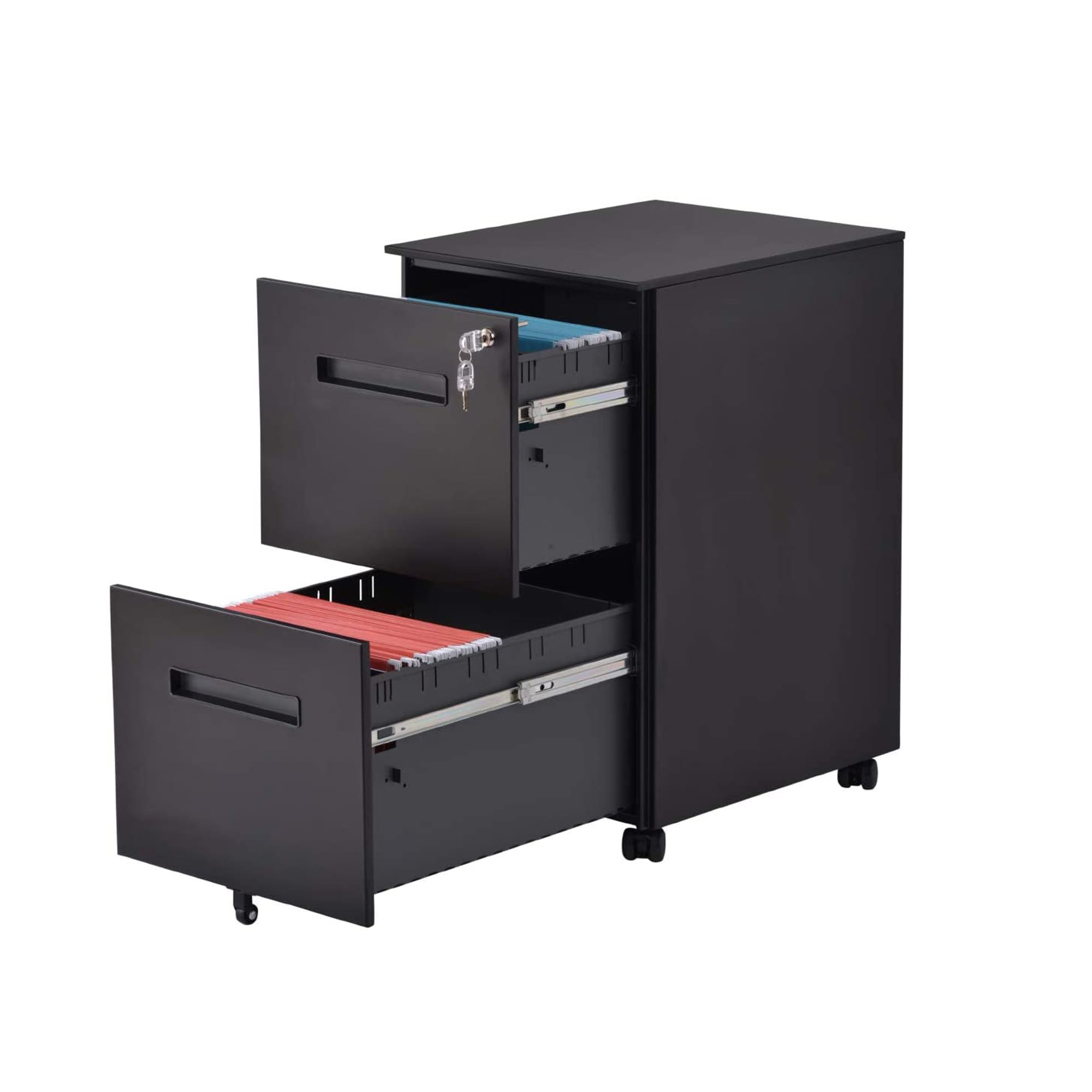 Black/Black 2-Drawer Mobile File Cabinet with Lock and Casters 