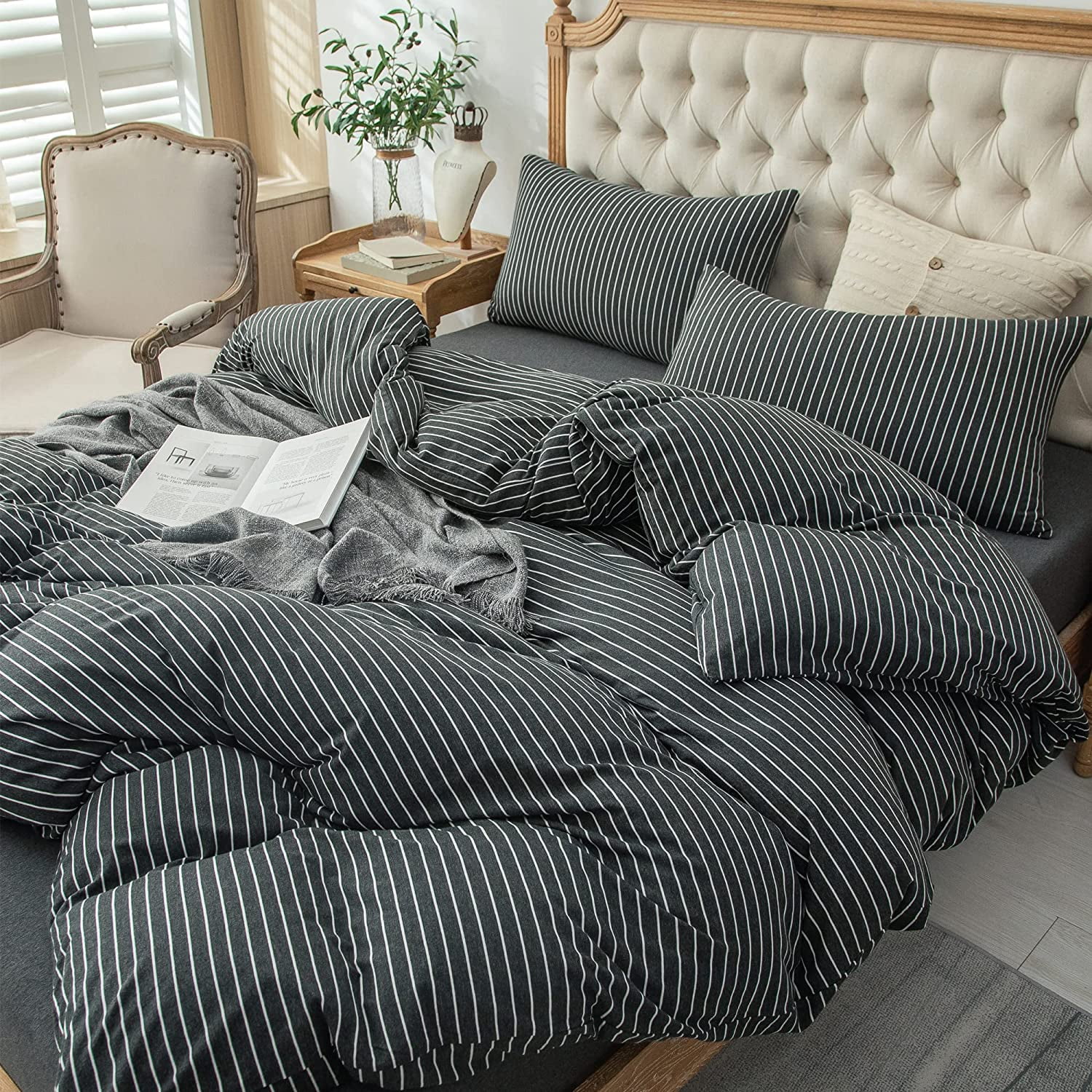 PURE ERA Duvet Cover Set - Ultra Soft Heather Jersey Knit Cotton Home Bedding Narrow Pinstripes Black & White King Size, 1 Comforter Cover and 2 Pillow Shams