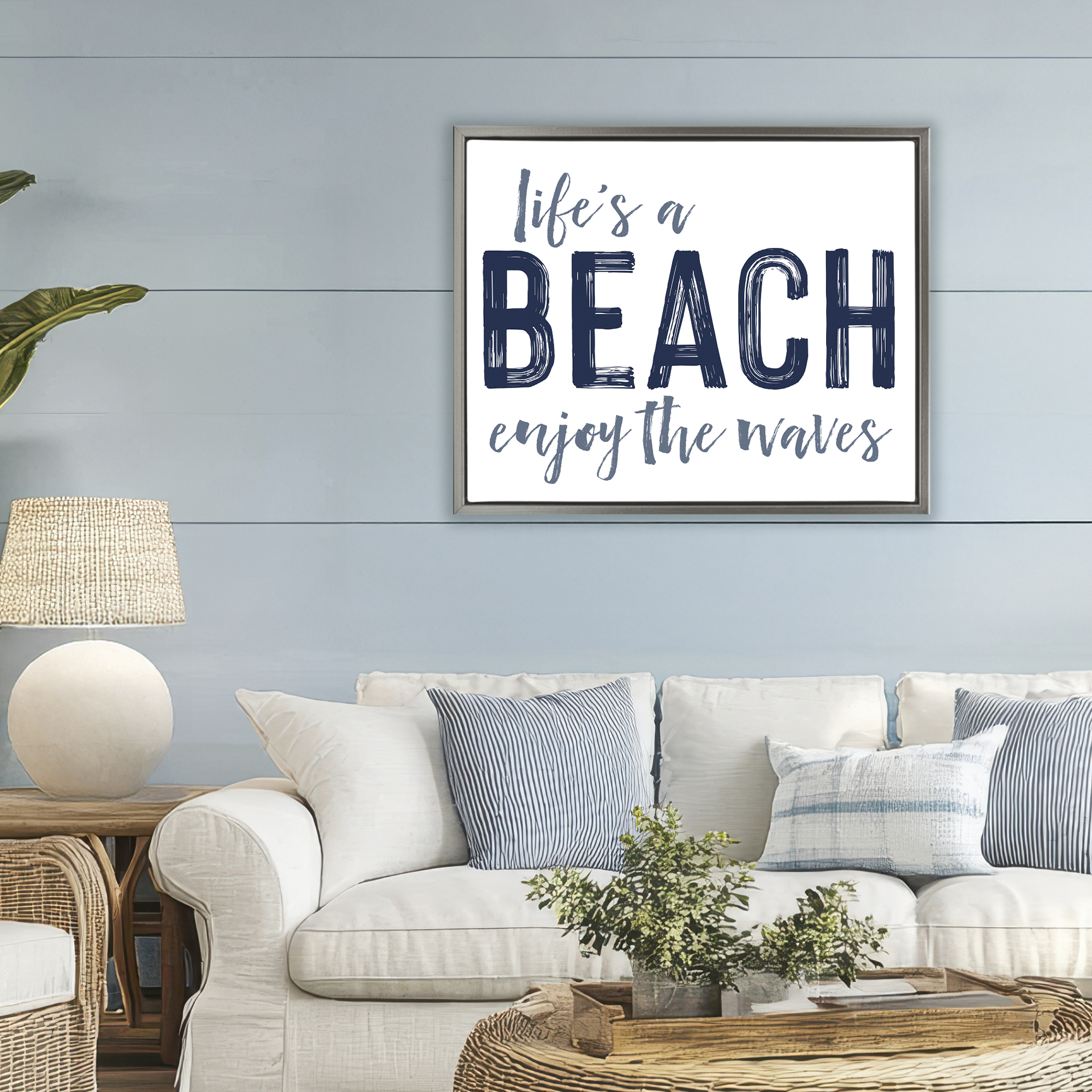 Summer Sentiment Enjoy Waves Gray Framed Floater Canvas Wall Art, design by Lettered and Lined