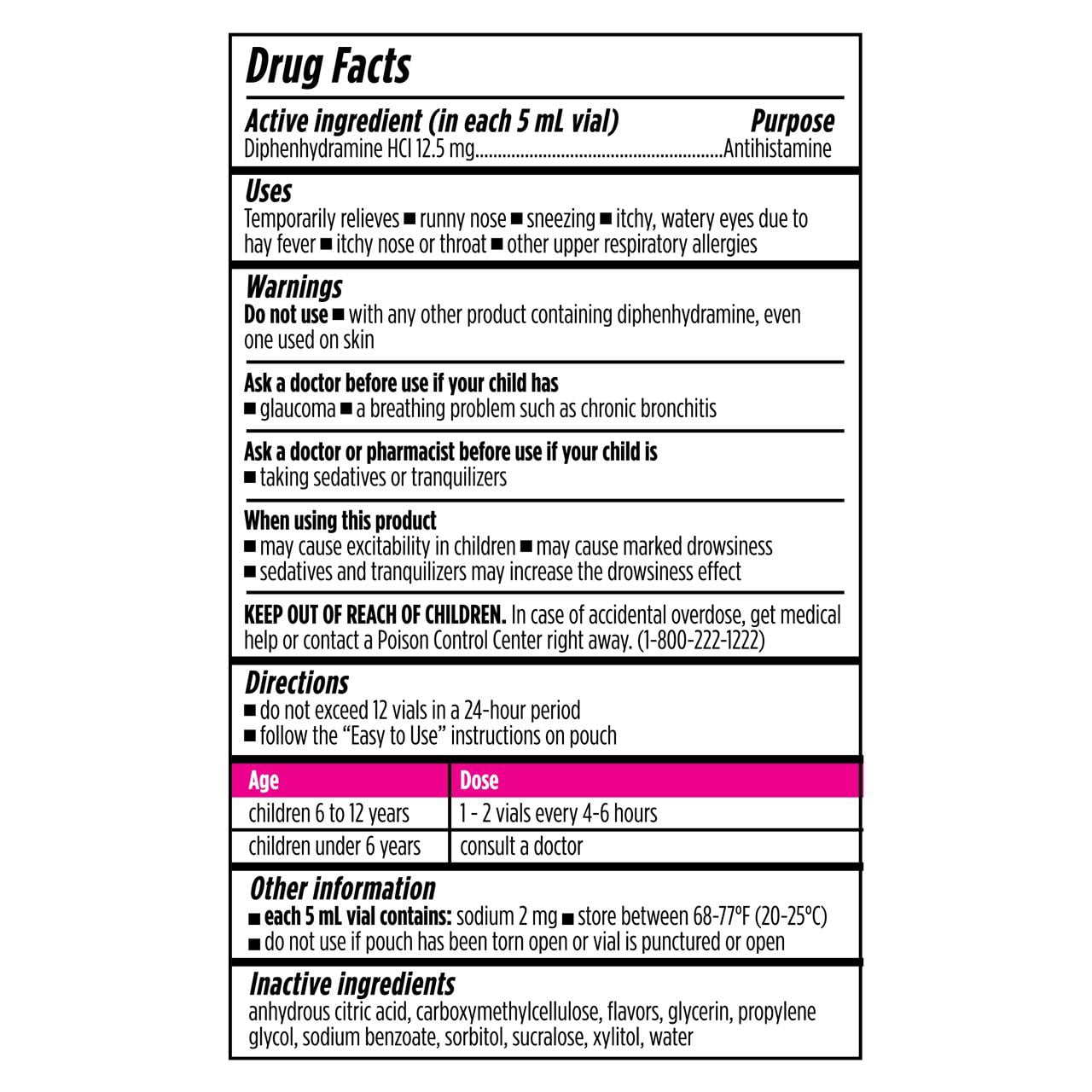 DrKids Children's Allergy Relief Medicine with Diphenhydramine - Pre-Measured Single-Use Vials - Antihistamine for Sneezing, Runny Nose & Itchy Eyes, Mixed Berry Flavor, 24 count