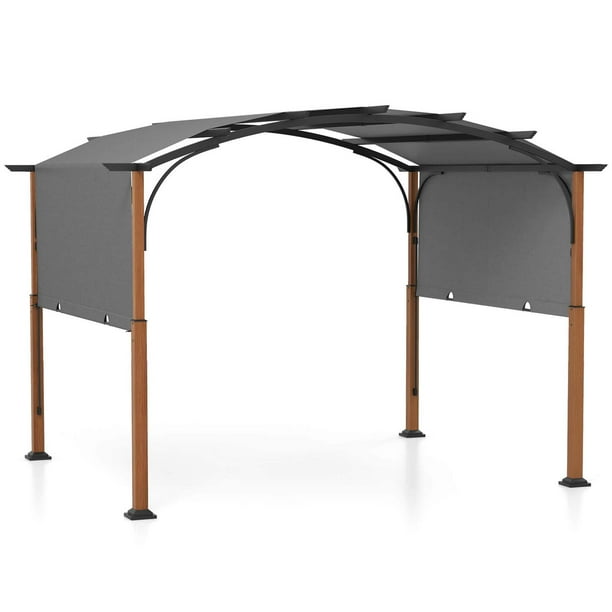 Costway Pérgola Retráctil de 300 x 360 cm, Arqueada con Toldo Parasol y Postes de Madera, 16 Clavos Incluidos, Cenador de Metal para Exteriores para Jardín, Patio Trasero, Porche, Beige/Gris