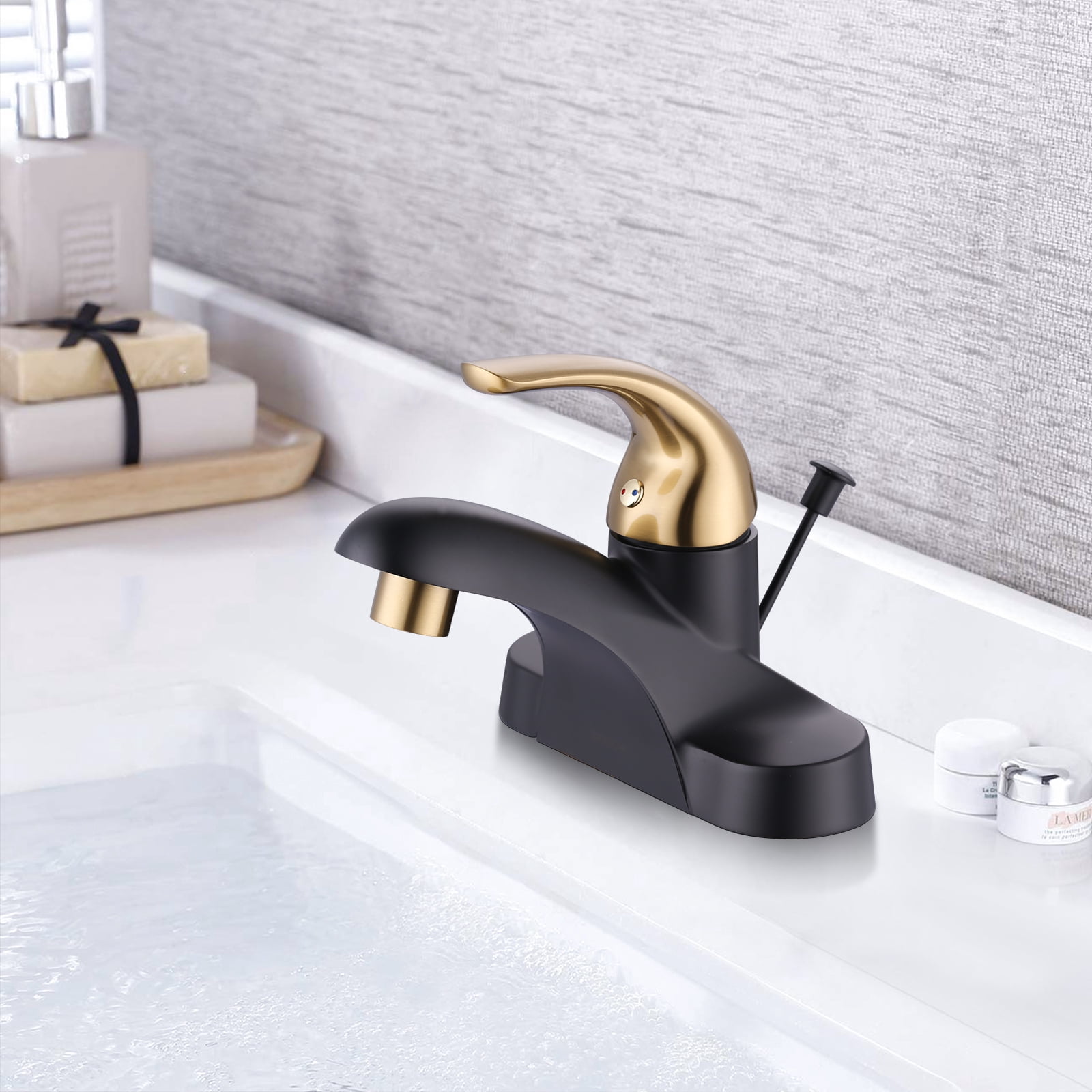 Wowow 4 in. Centerset Single Handle Low Arc Bathroom Faucet with Lift Rod Drain Assembly Included in Gold and Black, Rv Lavatory Taps 3 Hole
