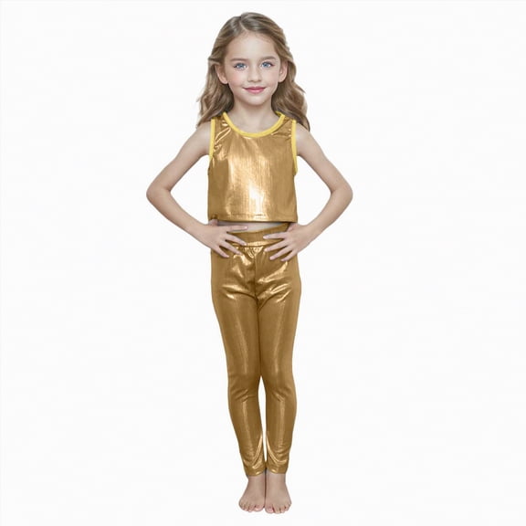 CAICJ98 Kid Girl Shiny Top and Pants Set 2 Piece Texture Ribbed Metallic Disco Rave Cheer Outfit (Gold,5-6 Years)