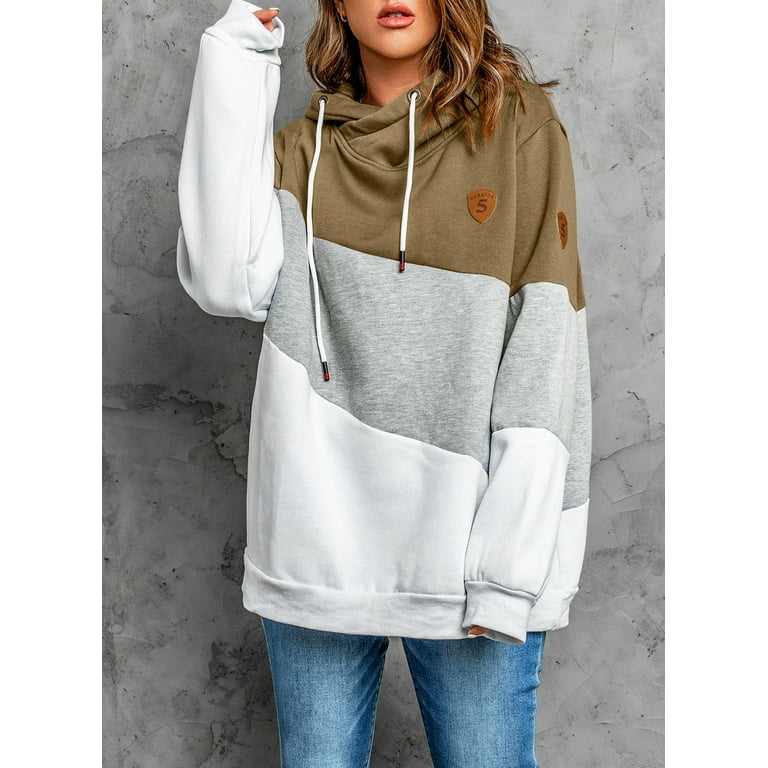 Eytino Womens Cowl Neck Pullover Hoodie Casual Color Block Long