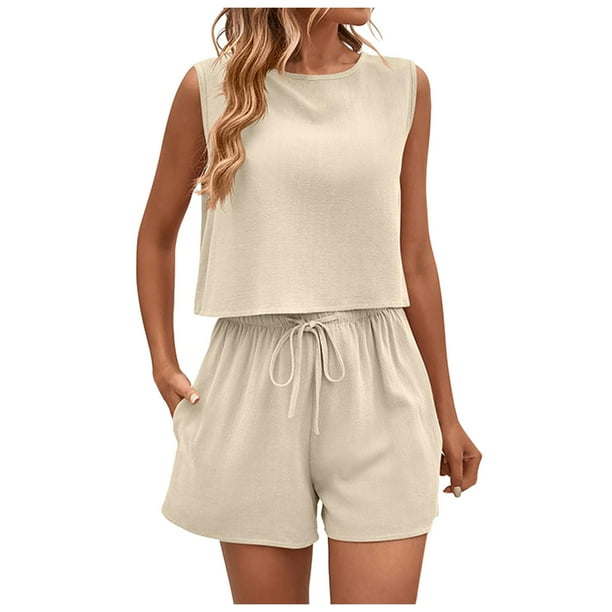 Conjunto de jogging de 2 piezas para mujer: camiseta sin mangas y pantalones cortos, cintura elástica, conjunto deportivo informal