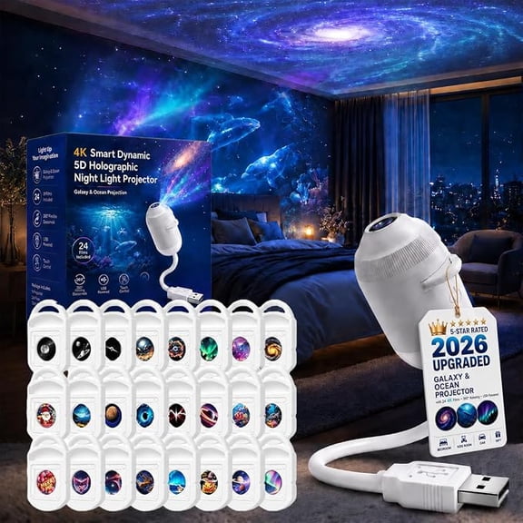 HD Smart Dynamic 5D Holographic Night Light Projector, 2-in-1 Galaxy Star Projector Night Light with 360° Rotation, Adjustable Brightness for Bedroom (24 Projection Films)