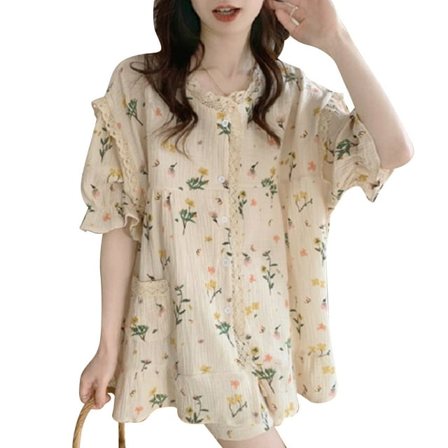 Conjunto de pijama con botones, pijama de manga corta para mujer, pijama de manga corta, ropa de dormir con mangas abullonadas, alta capacidad