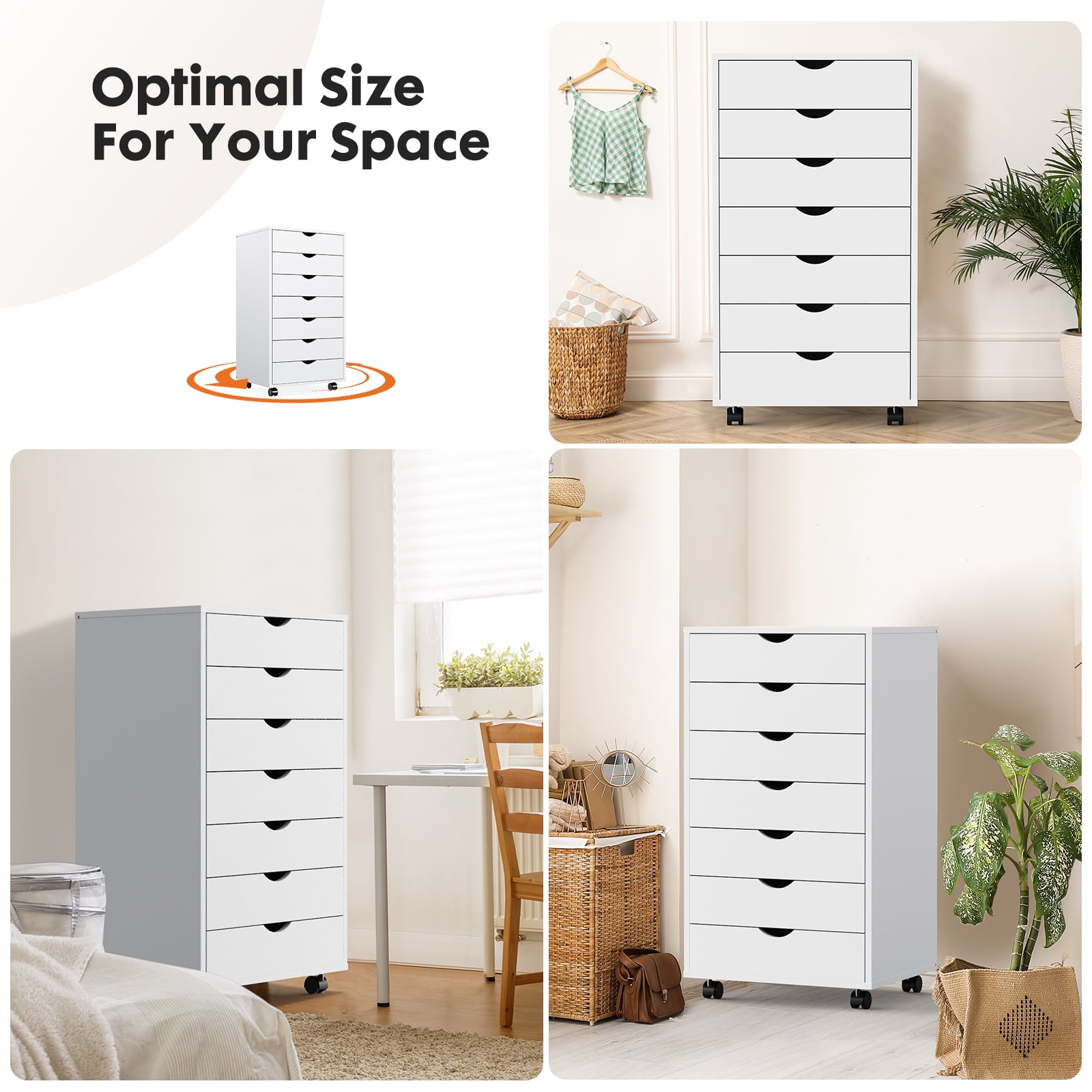 Blazezo 7 Drawer Rolling File Cabinet, Mobile Storage Cart with Locking Wheels, Under Desk Organizer, Wood Printer Stand for Home Office, Craft & Closet Storage, Space Saving Furniture (White)