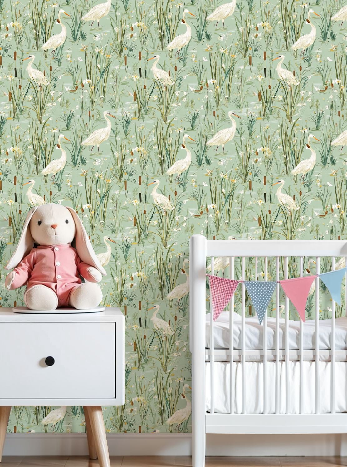 Vintage Peel and Stick Wallpaper Herons Marshland Cattails Wildflowers Green Wall Mural 23.6in x 9.8ft Self Adhesive Removable Wall Paper Renter Friendly Wallpaper for Nursery Bedroom Cabinets