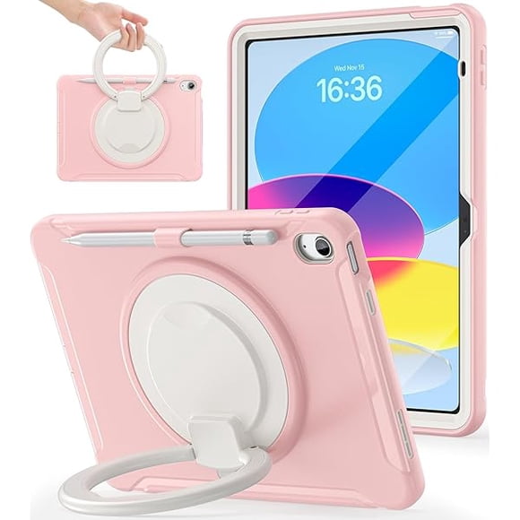 xixishop Shockproof Case for iPad 10th Gen 10.9" 2022 / 11th Gen (A16) 11" 2025 | 360° Multi-Angle Stand (Portrait & Landscape) & Grip, Built-in Screen Protector, Pencil Holder, Pink