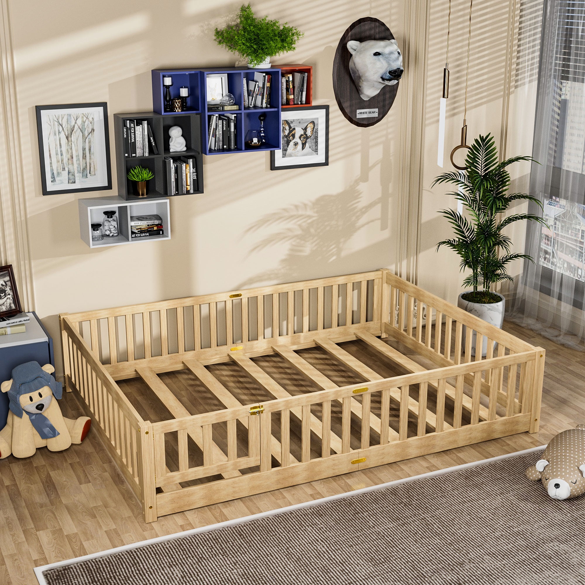 Miniyam Queen Size Toddler Floor Bed with Fence, Natural