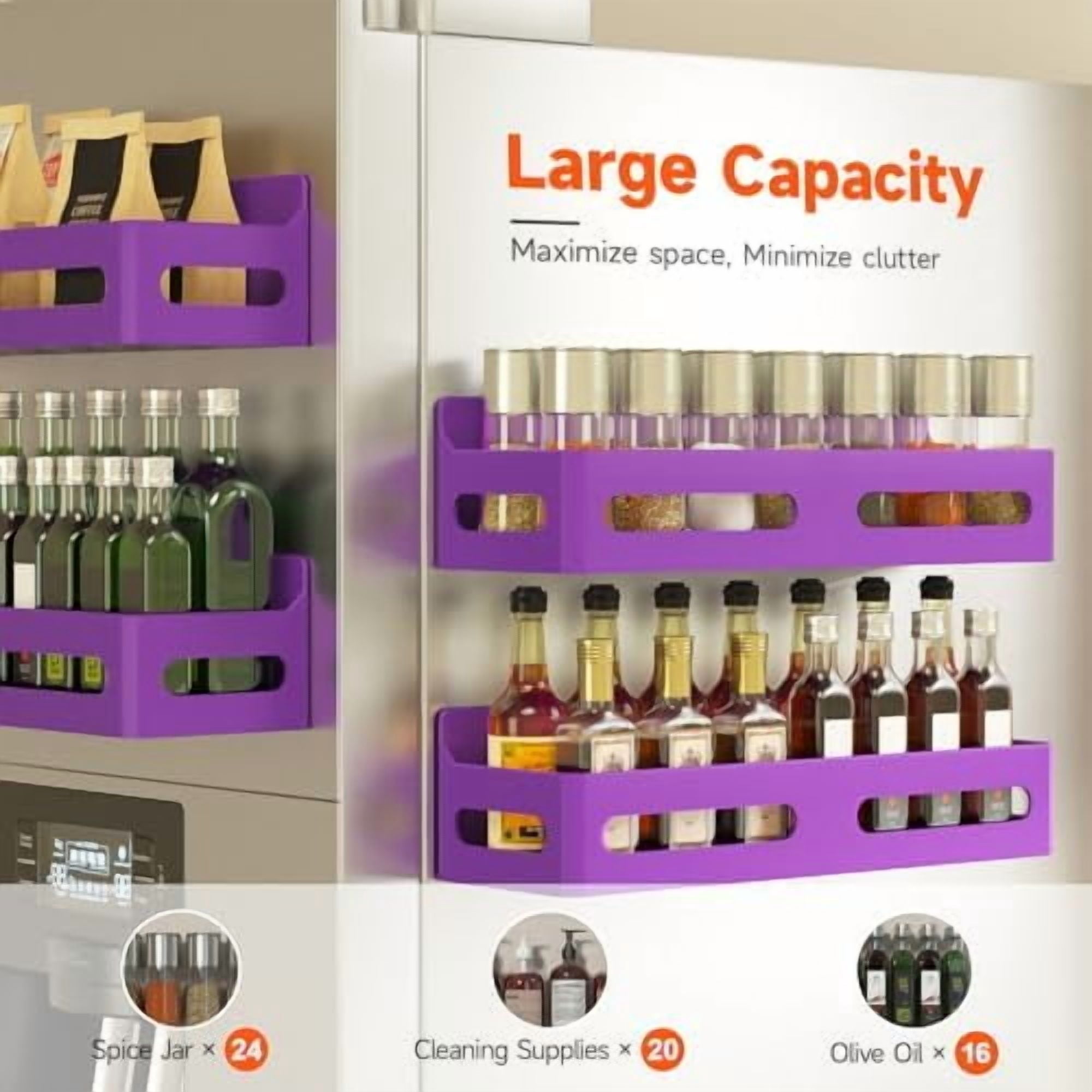 4 Pack Strong Magnetic Spice Rack for Refrigerator, Multipurpose Magnetic Shelf for Fridge with 4 Hooks for kitchen and Bathroom Organization, Purple