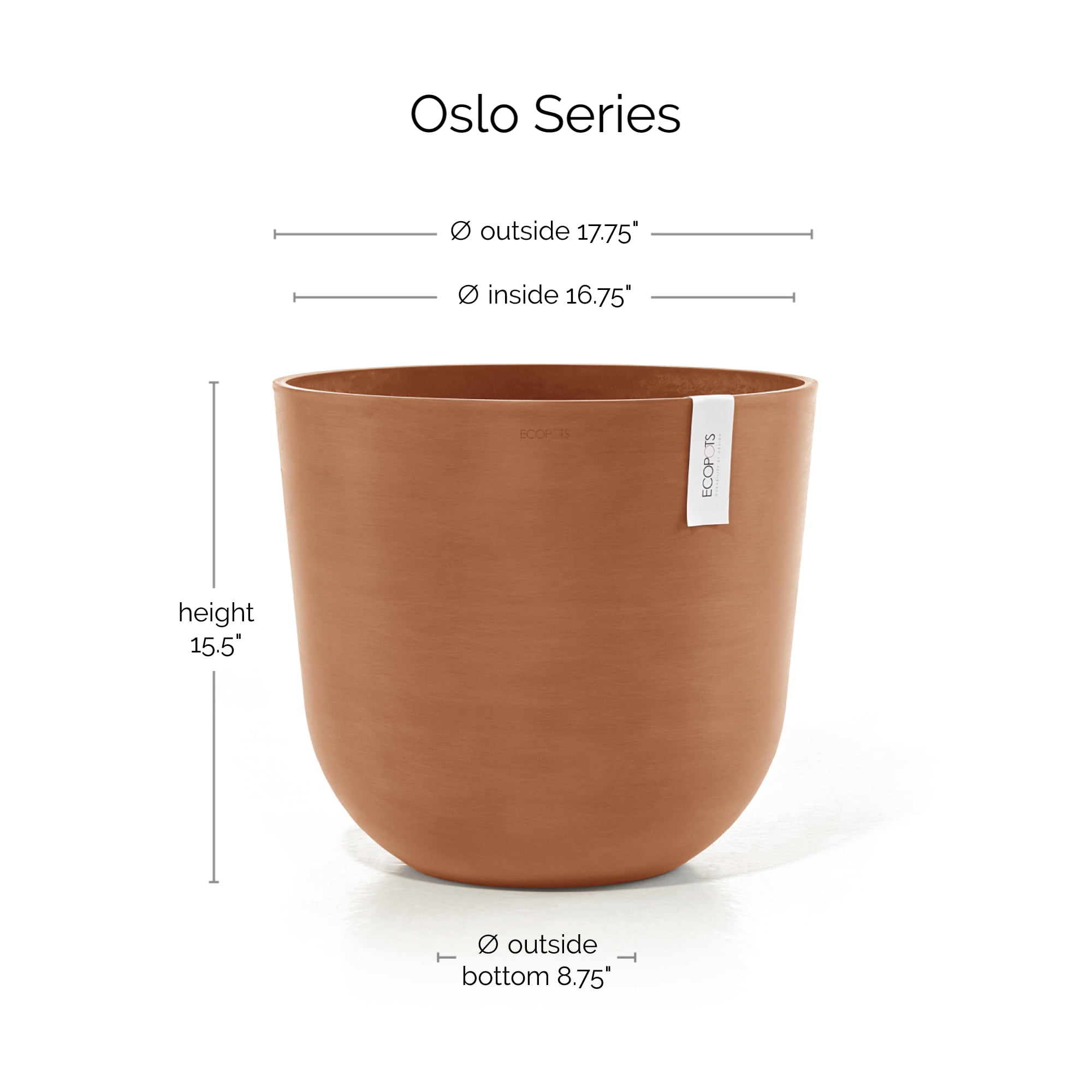 Ecopots Oslo Durable Modern Round Indoor/Outdoor Recycled-Based Composite Flower Pot Planter, Terracotta Color, 17.75"