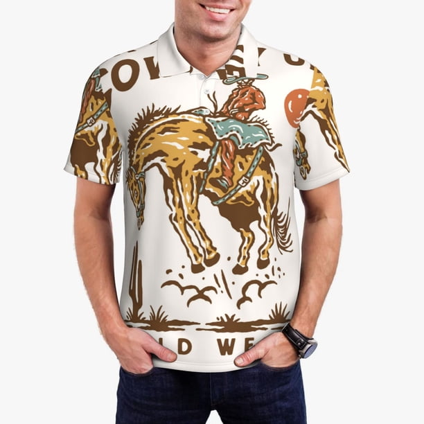 Fotbe Cowboy Up Vintage Wild West Camiseta Polo de Golf para Hombre con Estampado – Camisa Deportiva Transpirable con Cuello Abotonado-XX-Large