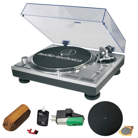 Audio-Technica Professional Stereo Turntable w/ USB LP to DIG Silver (ATLP120USB) w/ D4+ Vinyl Record Cleaning Fluid System + Dual Magnet Phono Cartridge + Universal Turntable Platter