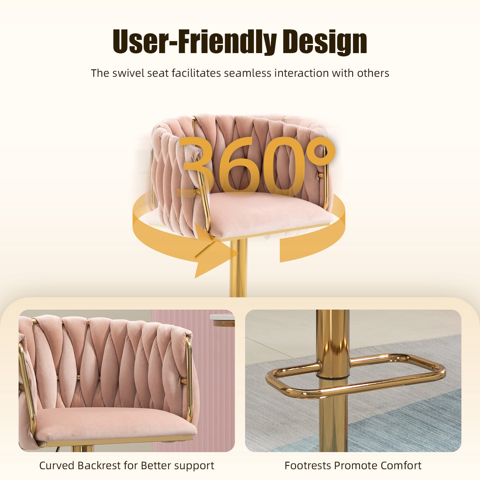 MOONMISS Bar Stools Set of 2, Adjustable Swivel Barstools, Velvet Counter Height Bar Chair with Back and Footrest for Kitchen Island Dining Room Café Pub,Pink
