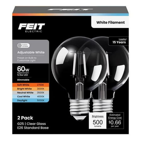 Feit Electric 3019499 60W G25 & E26 Medium Equivalence Adjustable LED Bulb, White