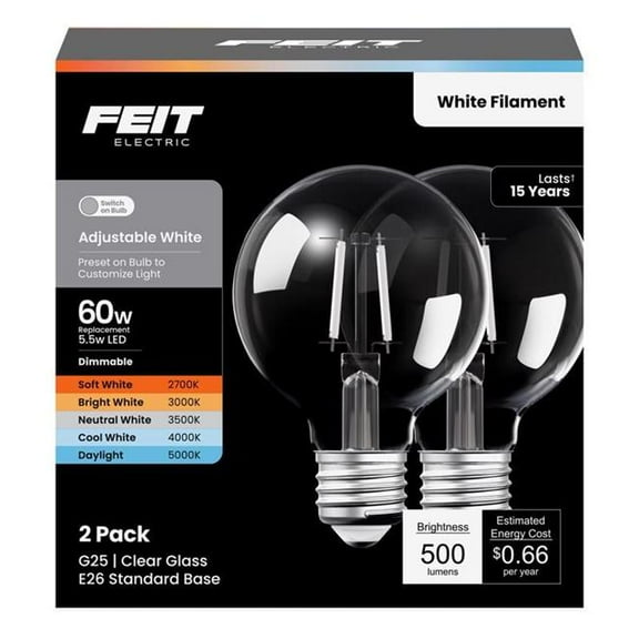 Feit Electric 3019499 60W G25 & E26 Medium Equivalence Adjustable LED Bulb, White