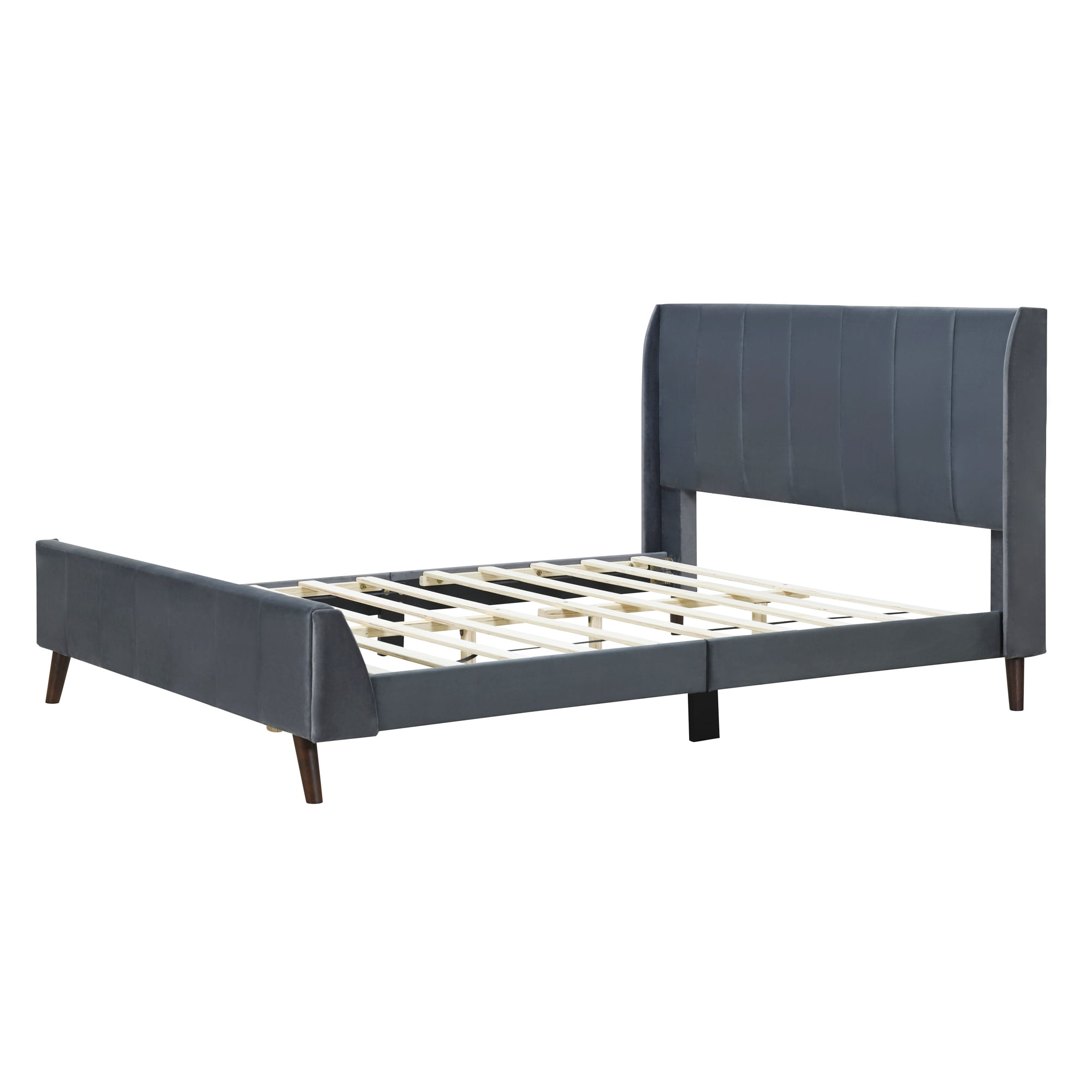 Aukfa Queen Size Upholstered Platform Bed, Velvet Vertical Stripe Bed Frame with Wingback Headboard, Gray