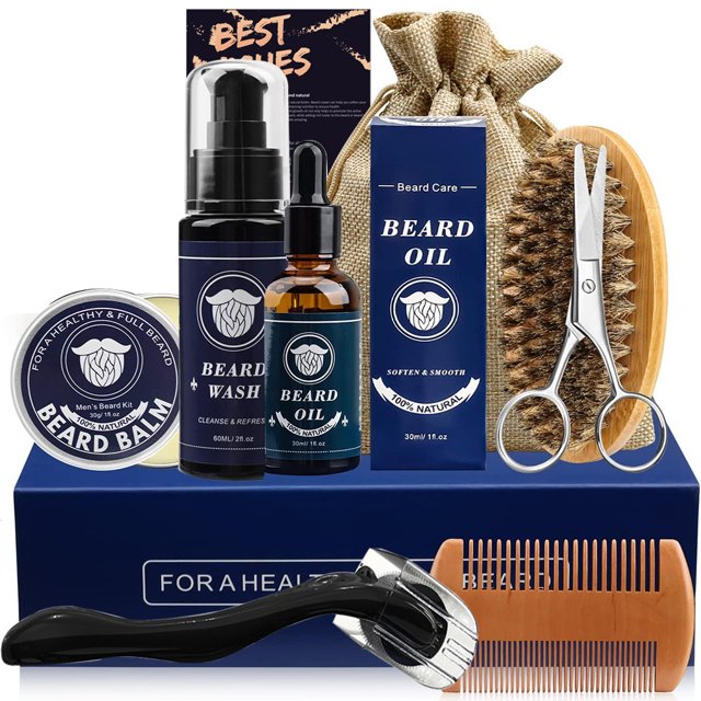 Beard Grooming Kit 6/8/9 Piece Set Sandalwood Razor Scissors Growth Oil Dual-Sided Comb Care Bag (8PCS)