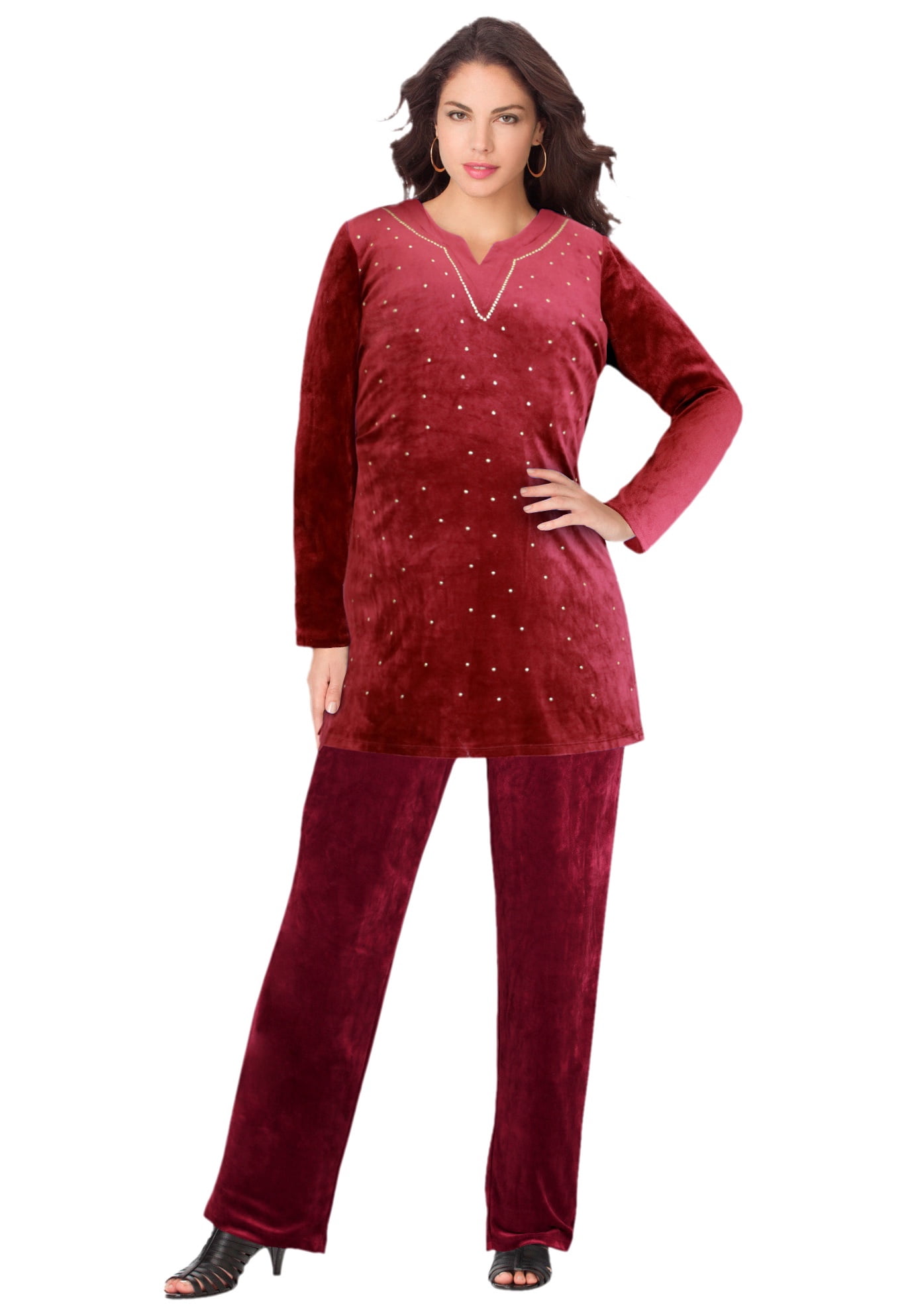 Roaman's Women's Plus Size Velour Tunic & Pant Set Matching Long Shirt Lounge