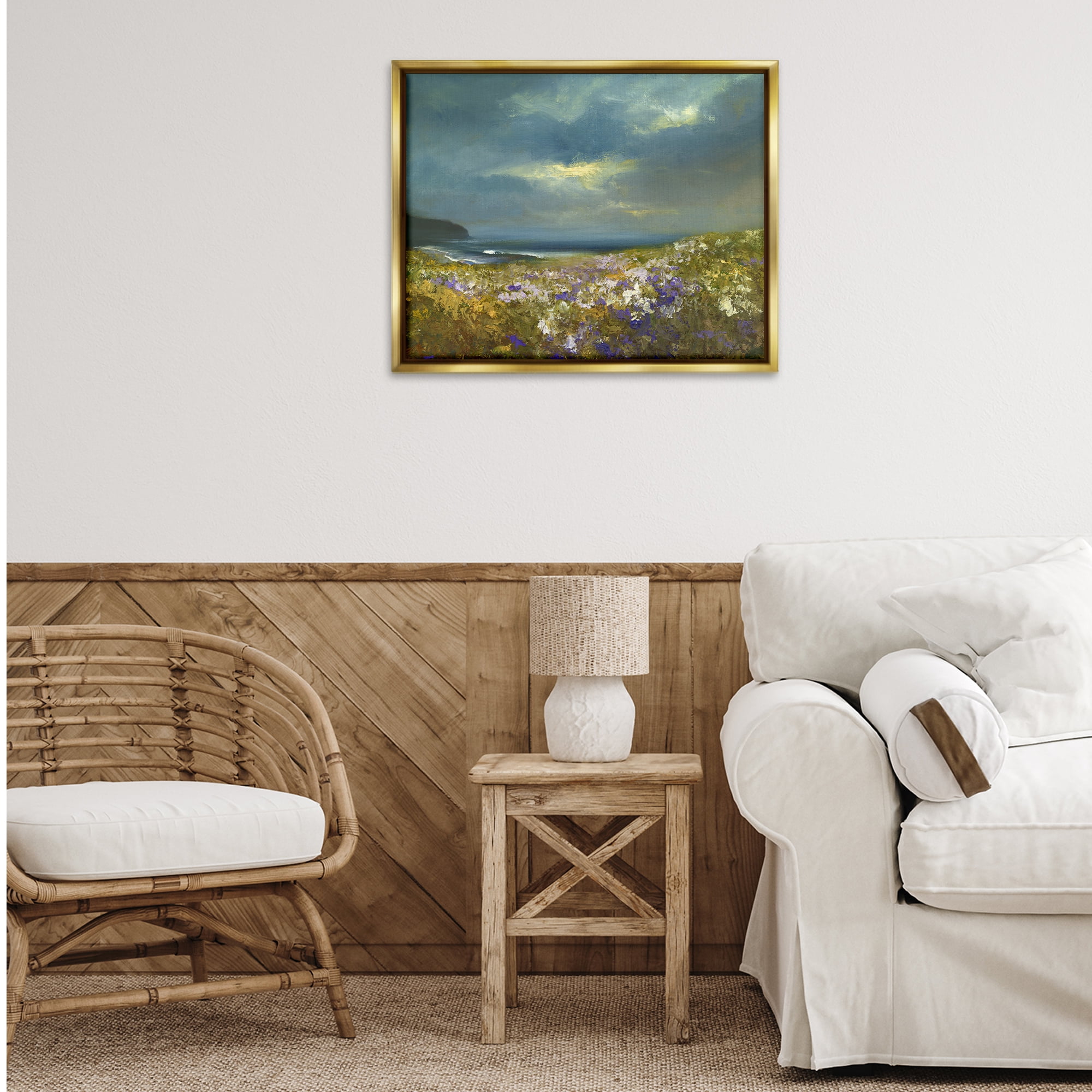 Stupell Industries Flowers by Stormy Beach Landscape & Nature Painting Gold Floater Framed Canvas Art Print Wall Art, 31 x 25