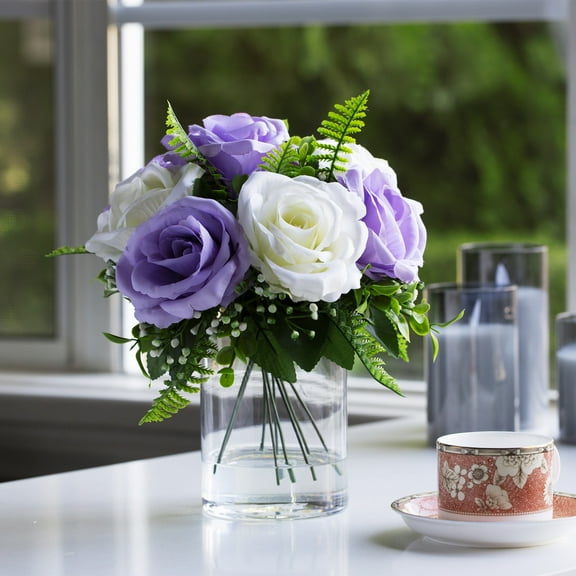 Enova Home 10 Heads Artificial Silk Rose Flowers in Clear Cylinder Glass Vase with Faux Water (Cream Purple)
