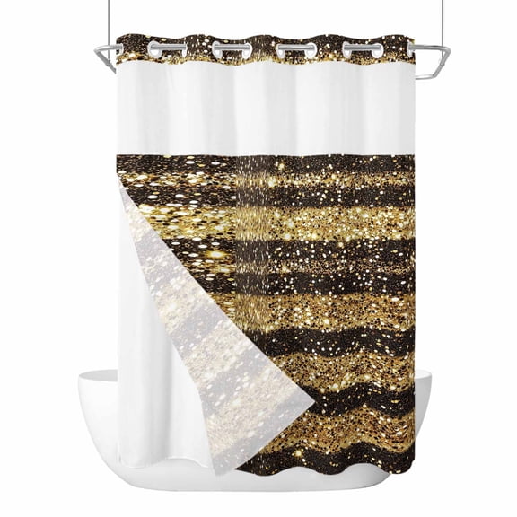 Black Golden Striped No Hook Shower Curtain Waterproof, Bathroom Curtains with Snap in Liners and See Through Top Window, Luxury Farmhouse Stripes Hotel Style Bathtub Curtains Shower 48"Wx72"L