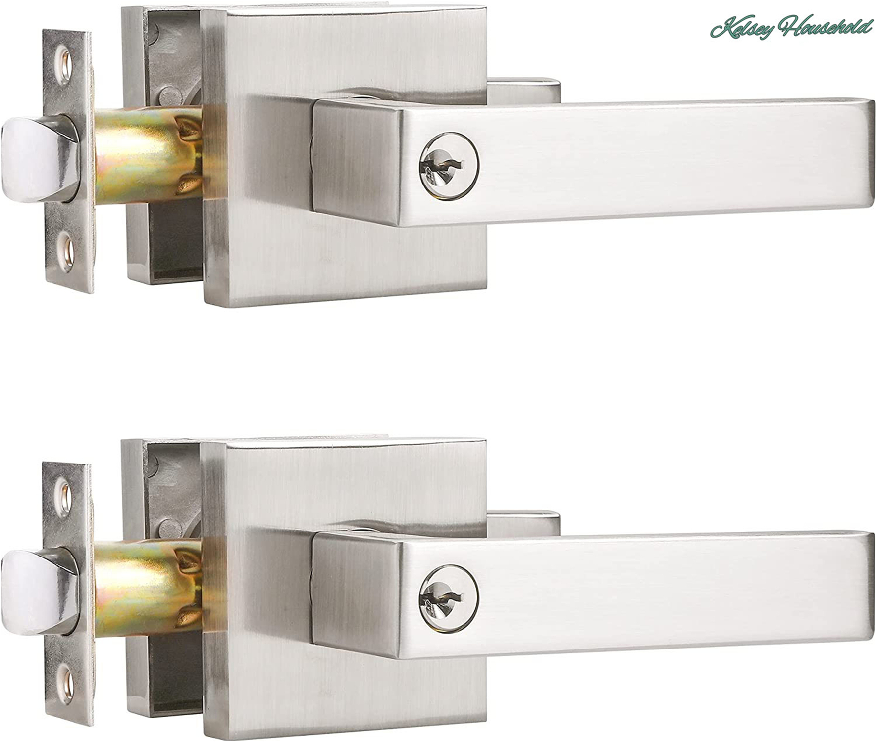 2piece set of entry lever, door handle lock and key, square lock lever set for front / outer