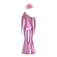 thumbnail image 4 of inlzdz Kids Girls 70s Hippie Dance Outfits One Shoulder Metallic Sequin Tassel Bell Bottom Jumpsuit and Hat Pink 8, 4 of 6