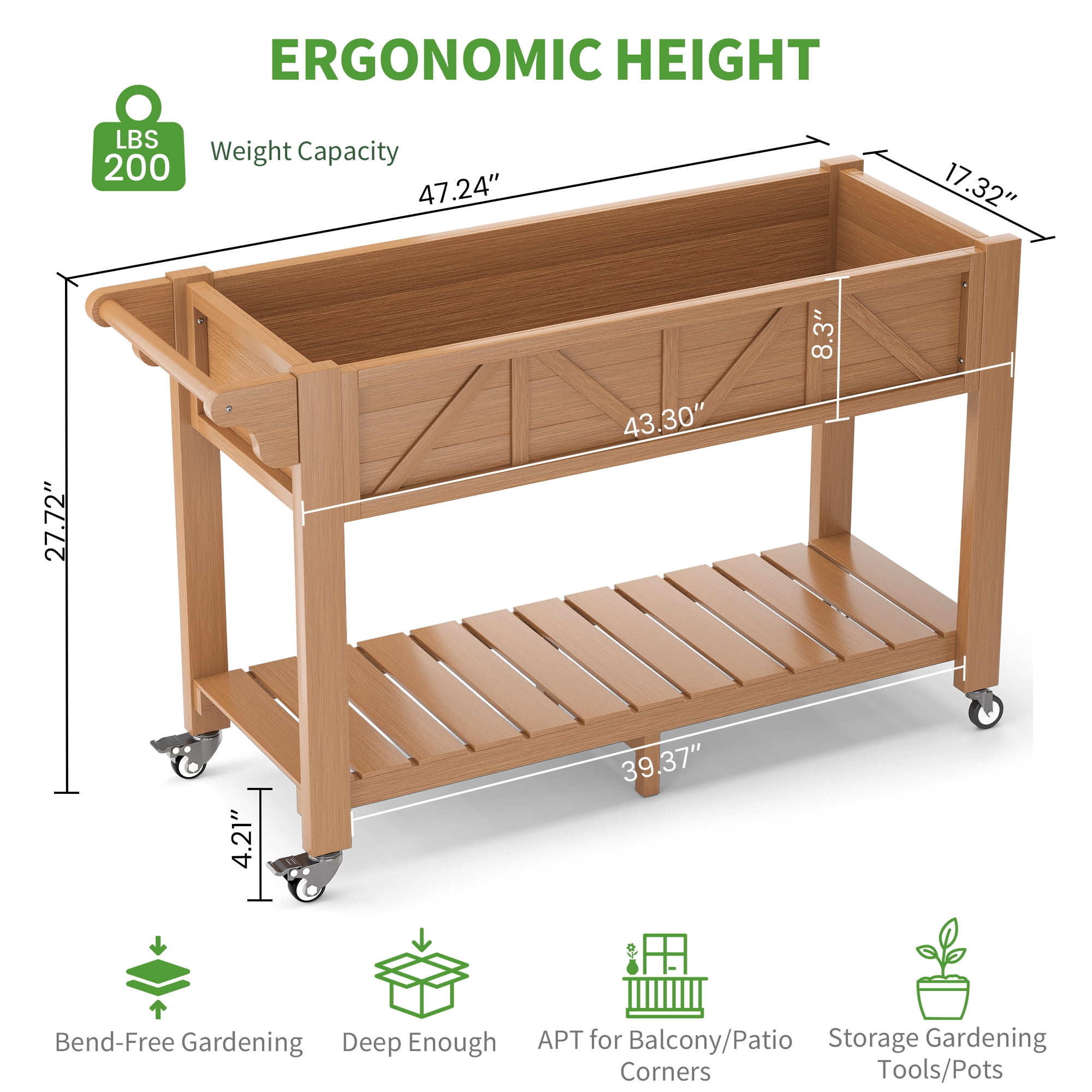 AwayHome 47.2"L x 17.3"W x 27.7"H 2-Tier Teak Outdoor Elevated Raised Garden Bed with Wheels&Handle