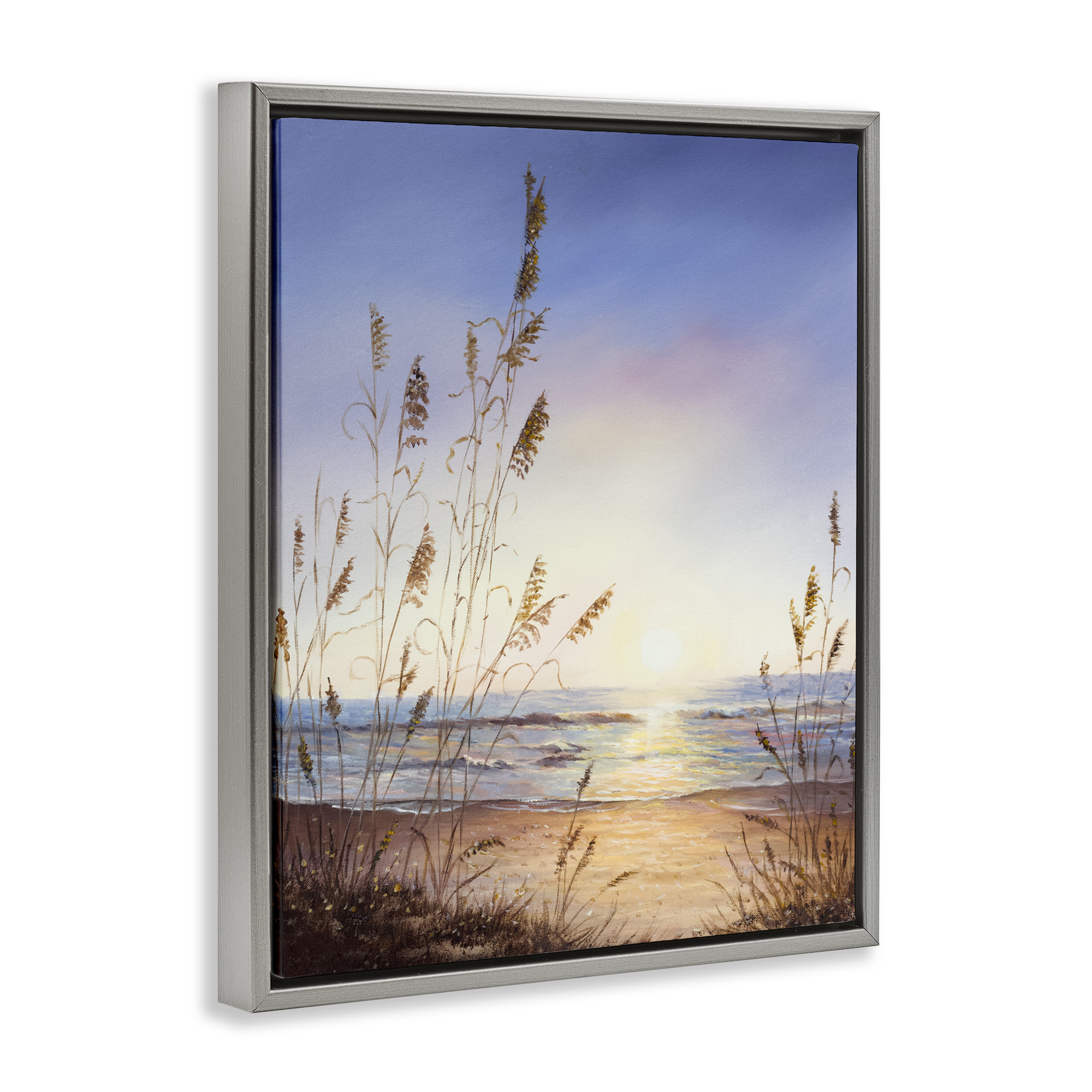 Seascape with Sunlit Grasses Gray Framed Floater Canvas Wall Art, design by Michelle Faber