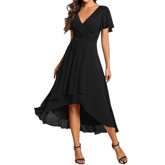 CIENVNSTG Summer Dresses For Women V Neck Flutter Sleeve Chiffon Midi Dress Wrap Waist Sundress Elegant Outfit for Wedding Guest Black L