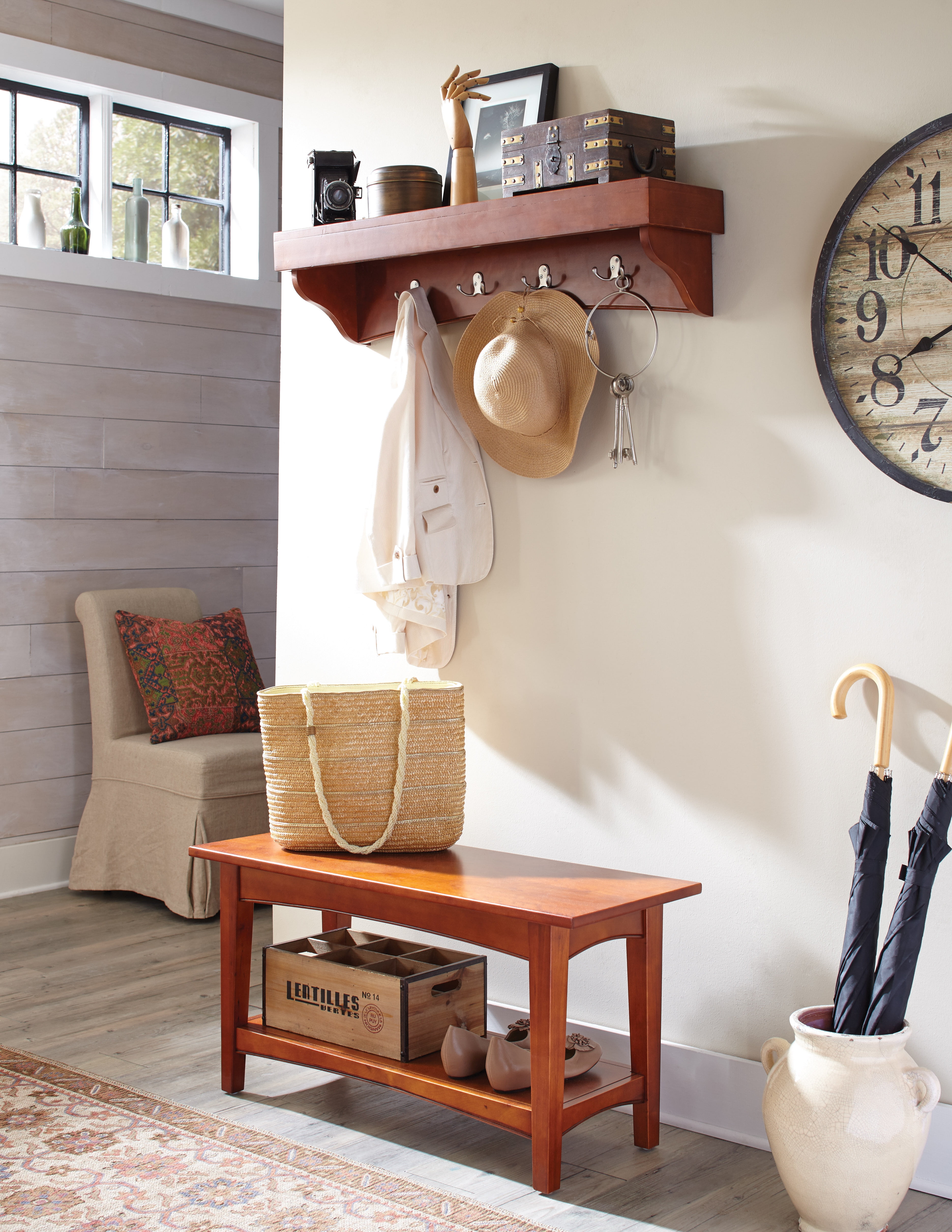 Alaterre Shaker Cottage Bench/Coat Hooks with Tray, Cherry Walmart