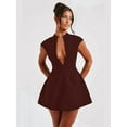 thumbnail image 3 of Women'S Summer Sexy- Cap Sleeve Deep V Neck Zipper A-Line Mini Dress Hollow Bodycon Night Out Party Dress Brown-Red L, 3 of 5