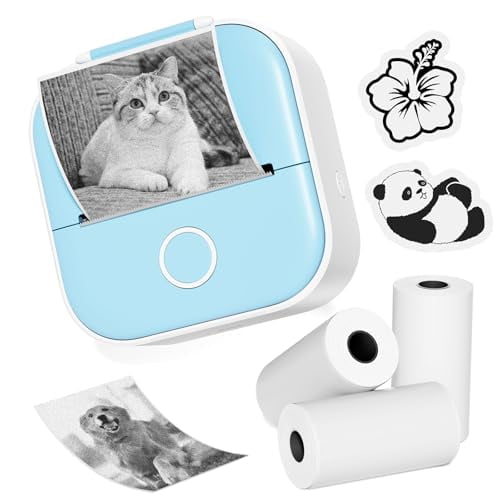 Mini impresora de pegatinas Ponek T02, impresora térmica portátil de bolsillo sin tinta con 3 rollos de papel térmico para notas de estudio, diarios, notas y fotos, color azul.