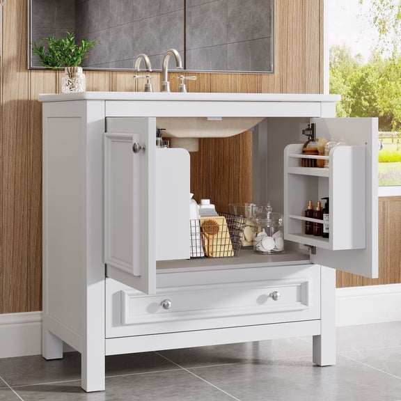 Fnova 30" Modern Bathroom Vanity with Sink, Freestanding Bathroom Vanities Cabinet, Bathroom Sink Cabinet with 2 Doors and 1 Drawer, Solid Wooden Frame, White