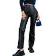 thumbnail image 3 of KOMOO Women Faux Leather Pants Solid Color Elastic High Waist Pants Straight Bell-Bottom Trousers, 3 of 5