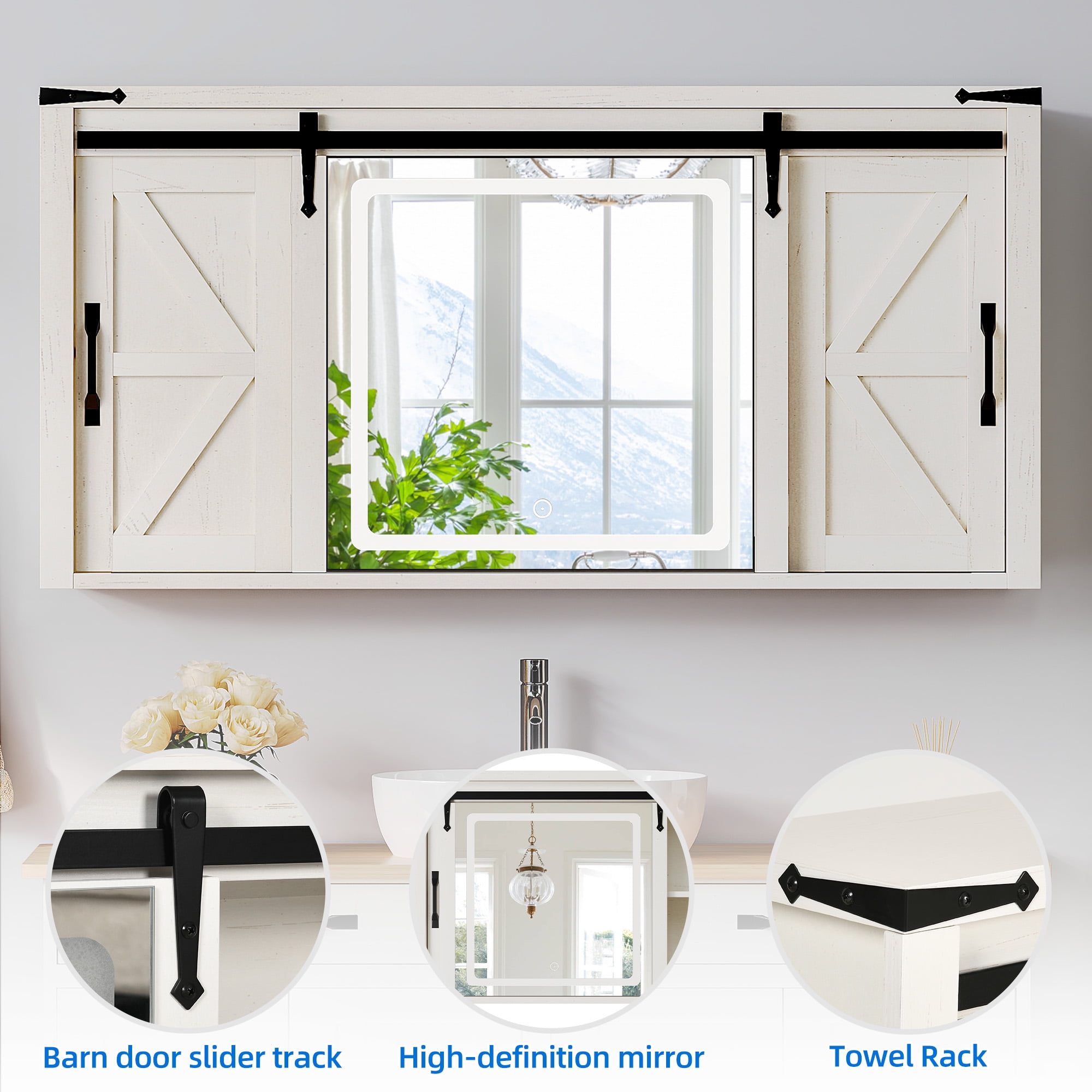 Dextrus 47" Medicine Cabinet with LED Lights Mirror, Bathroom Wall Storage Cabinet with Doors and Adjustable Shelf, White