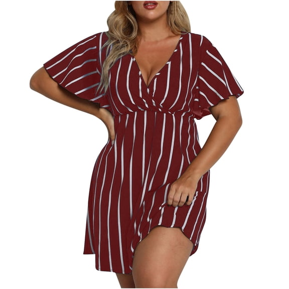 Ohufall Summer Dresses for Women 2023,Dresses,Women's Casual Sexy Fashion Summer V Neck Short Sleeve Loose Print Dress