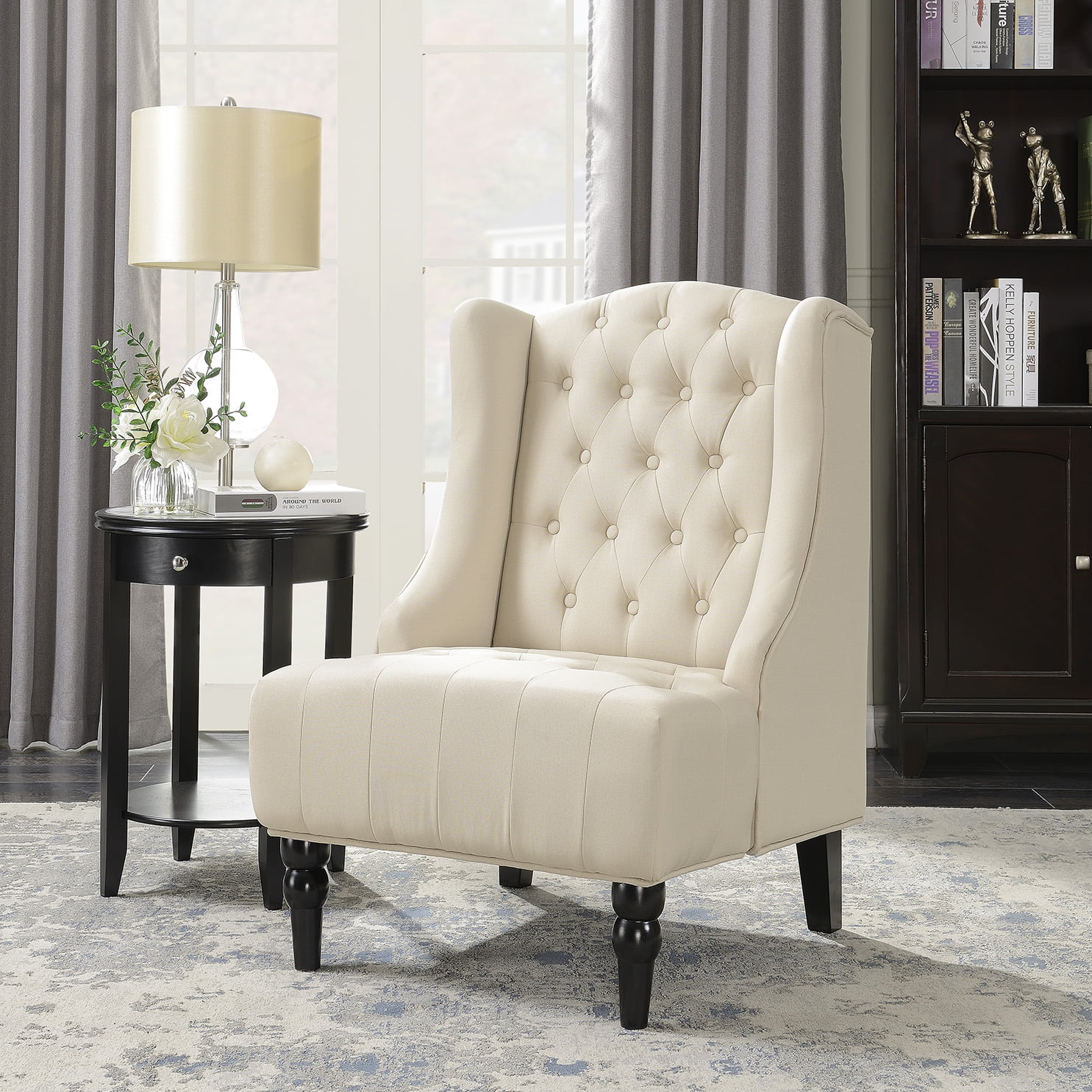 Belleze Tall Wingback Tufted Linen Accent Chair Tufted High Back with