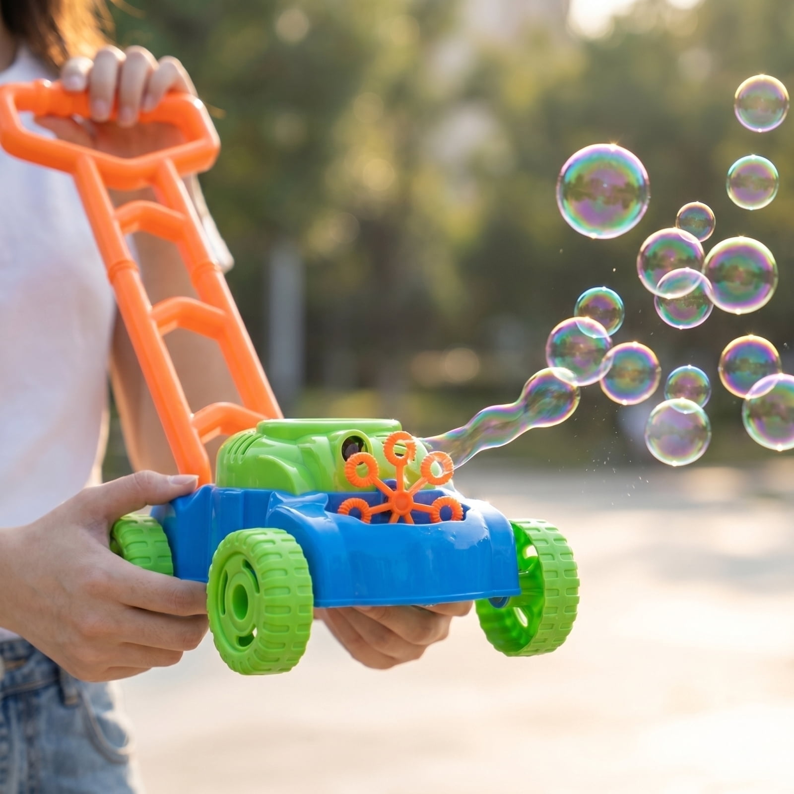 Push Lawn Bubble Blowing Machine with Automatic Bubble Maker and 50ml Solution, Outdoor Rolling Bubble Cart ABS Design for Interactive Party Activities