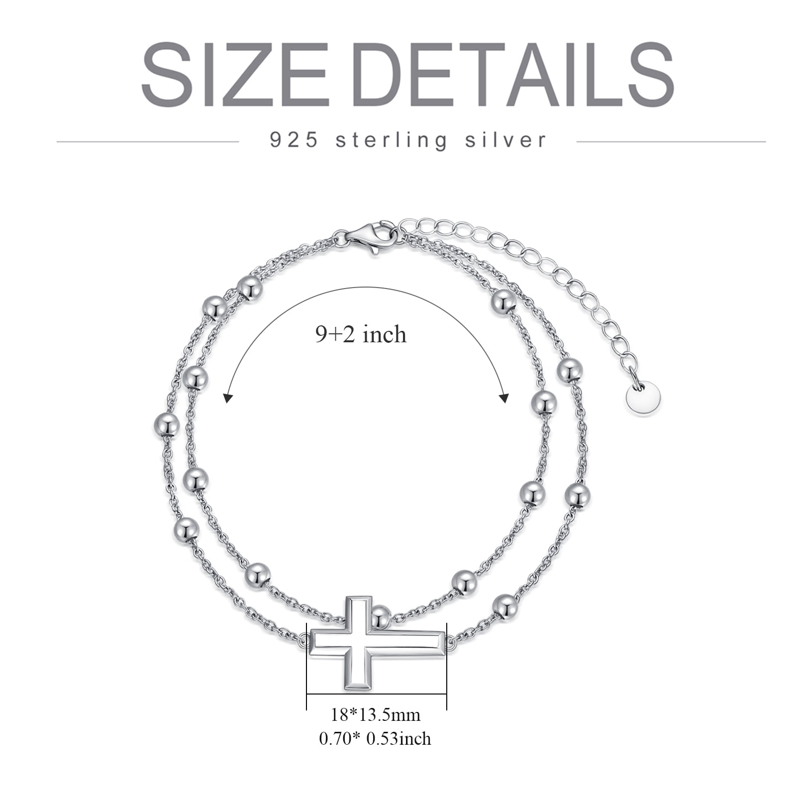 SOULMEET 925 Sterling Silver Cross Adjustable Anklet, Silver Lab Grown Anklet