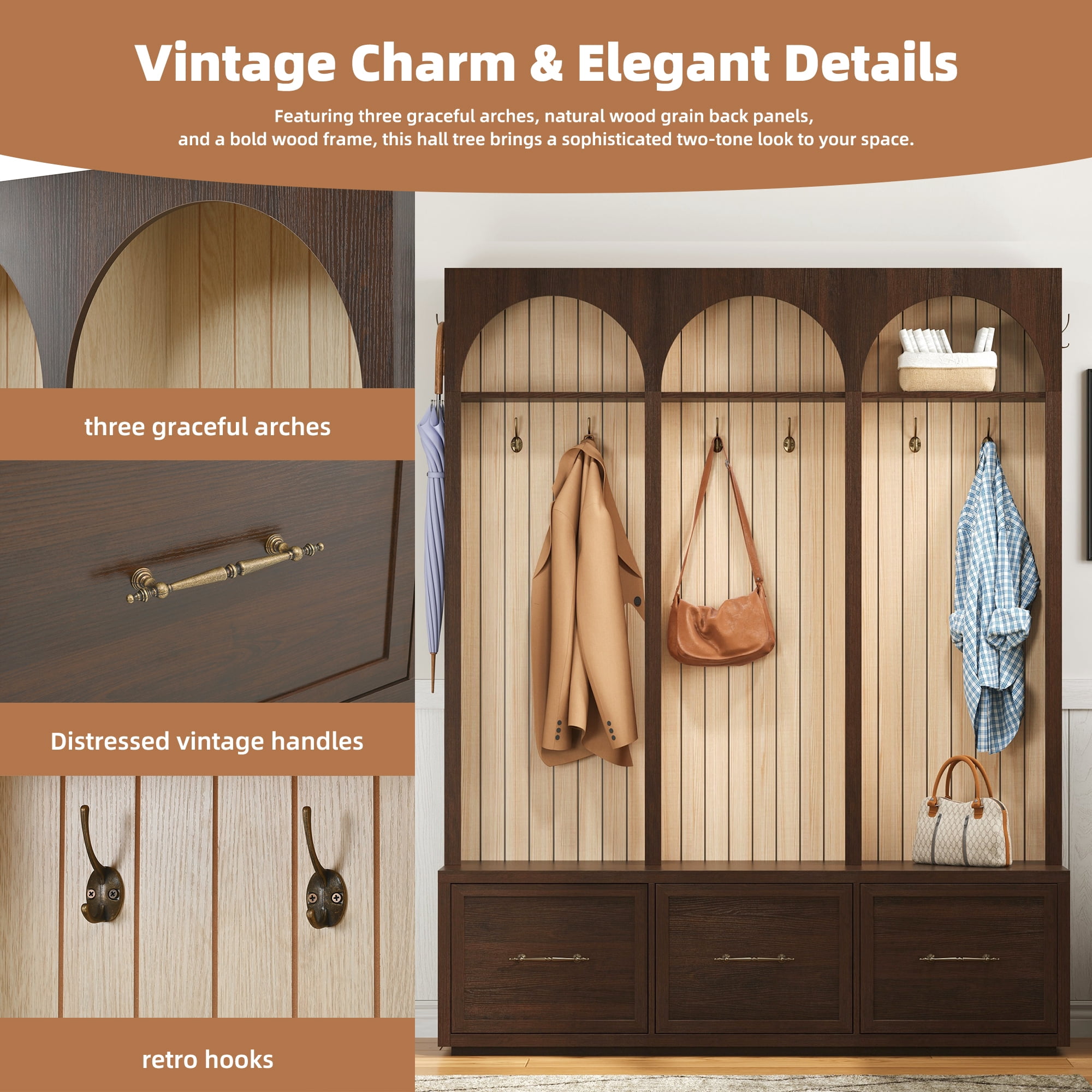 Euroco Farmhouse Wooden Style Hall Tree with Arched Design, Elegant 59" Wide Entryway Bench with 8 Retro Hooks, Rustic Coat Rack & Shoe Organizer with 3 Drawers for Mudroom, Living Room, Dark Walnut