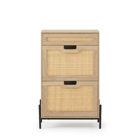 Rattan Shoe Cabinet with 2 Flip Drawers, Slim Freestanding Shoe Storage Organizer with Adjustable Shelves, Narrow Hidden Shoe Rack for Entryway Hallway Living Room, Wood Color