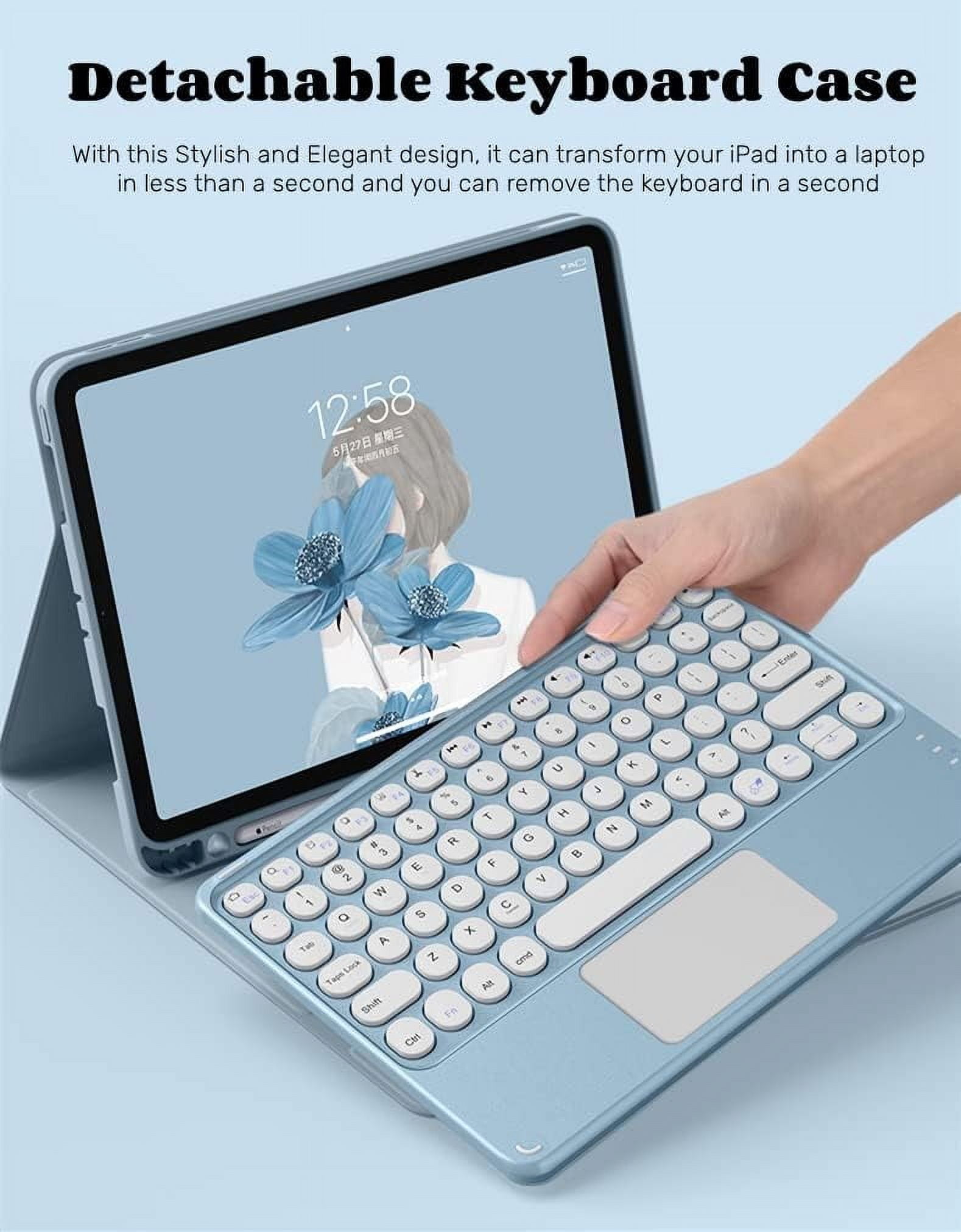 REQO iPad 9th/8th/7th Generation Keyboard Case with Touchpad and Pencil Holder, Round Keys Detachable Trackpad Keyboard for iPad9/iPad8/iPad7/Air3/Pro10.5, Blue