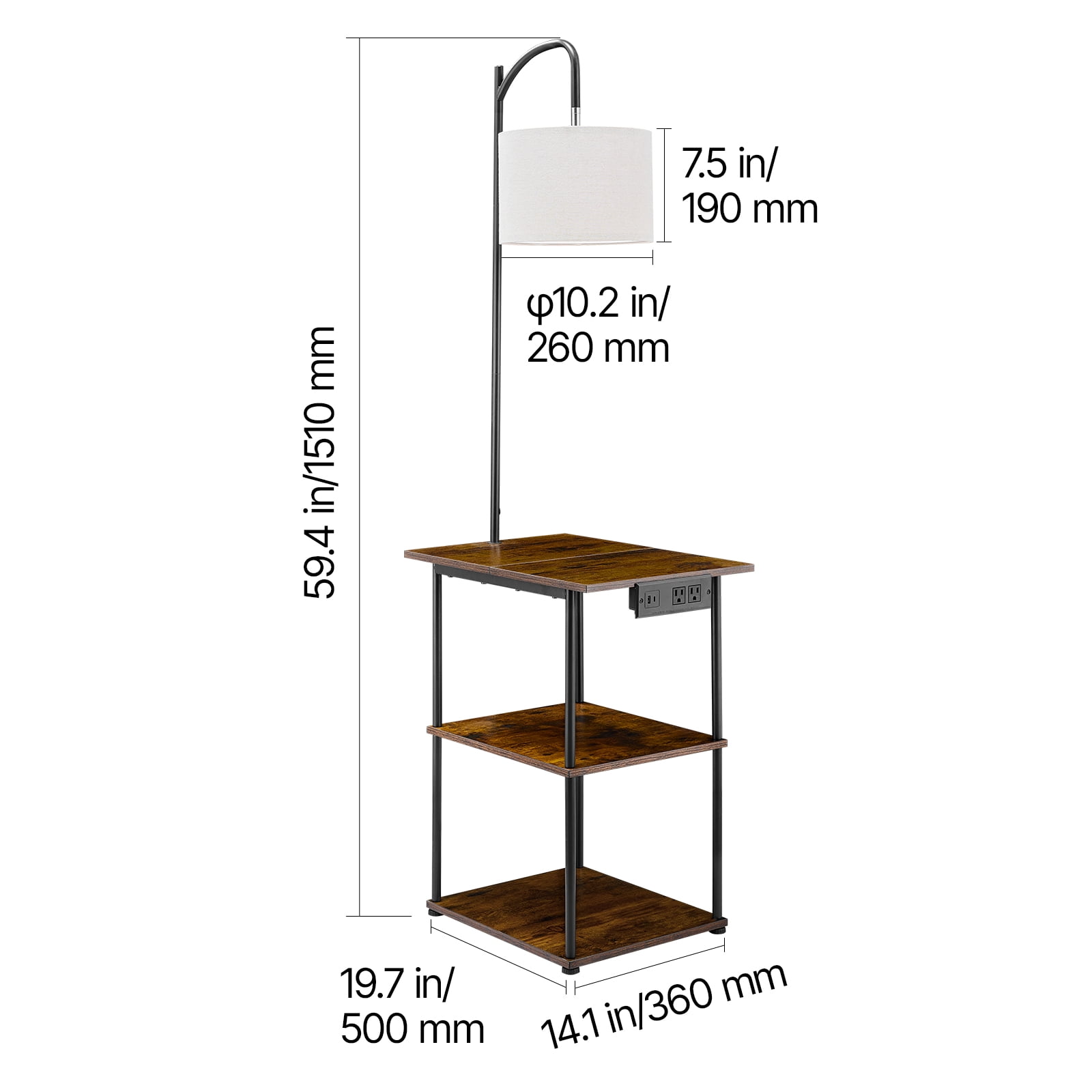VEVOR Floor Lamp with Table, Narrow 3-Tier End Table with Open Shelves & 3 Color Temperature Lighting, Side Nightstand Bedside Desk with USB & Type C & AC Charging Port for Living Room, Bedroom, Dorm