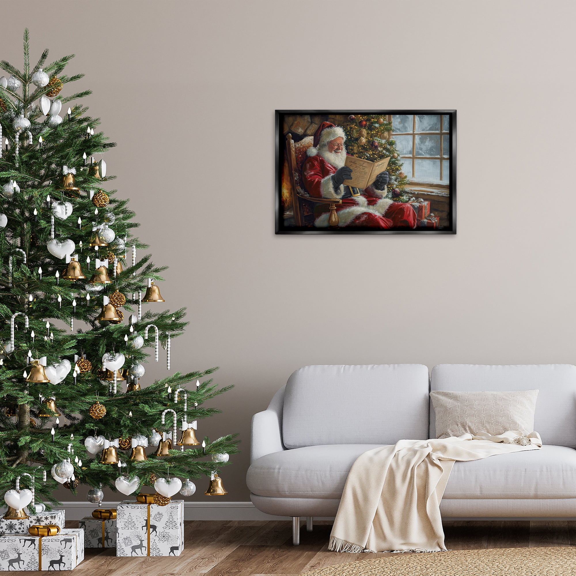 Stupell Industries Cheerful Santa Reading Holiday Painting Black Floater Framed Canvas Art Prints Wall Art, 31 x 21